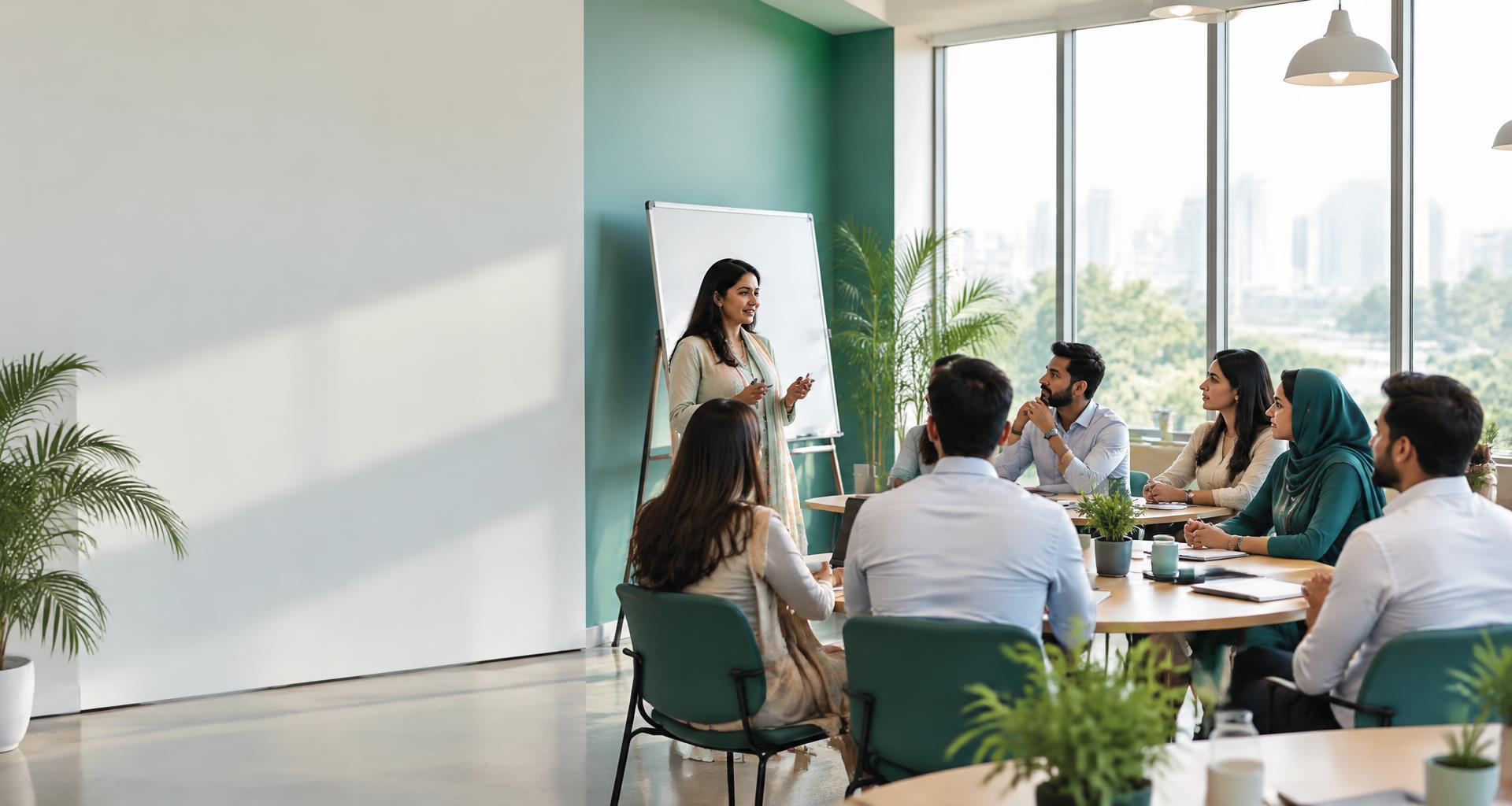 An illustrative corporate wellness discussion in a bright workplace